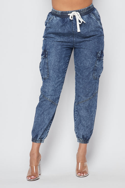 Acid Wash Cargo Denim Jogger Pants - SohoGirl.com